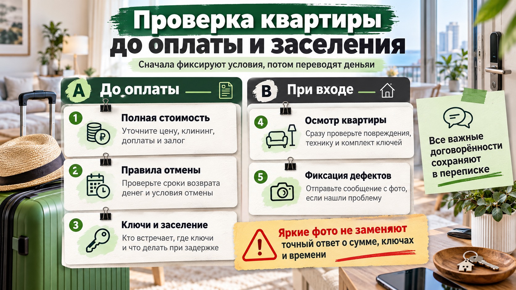Проверка стоимости, отмены бронирования, получения ключей и состояния квартиры.