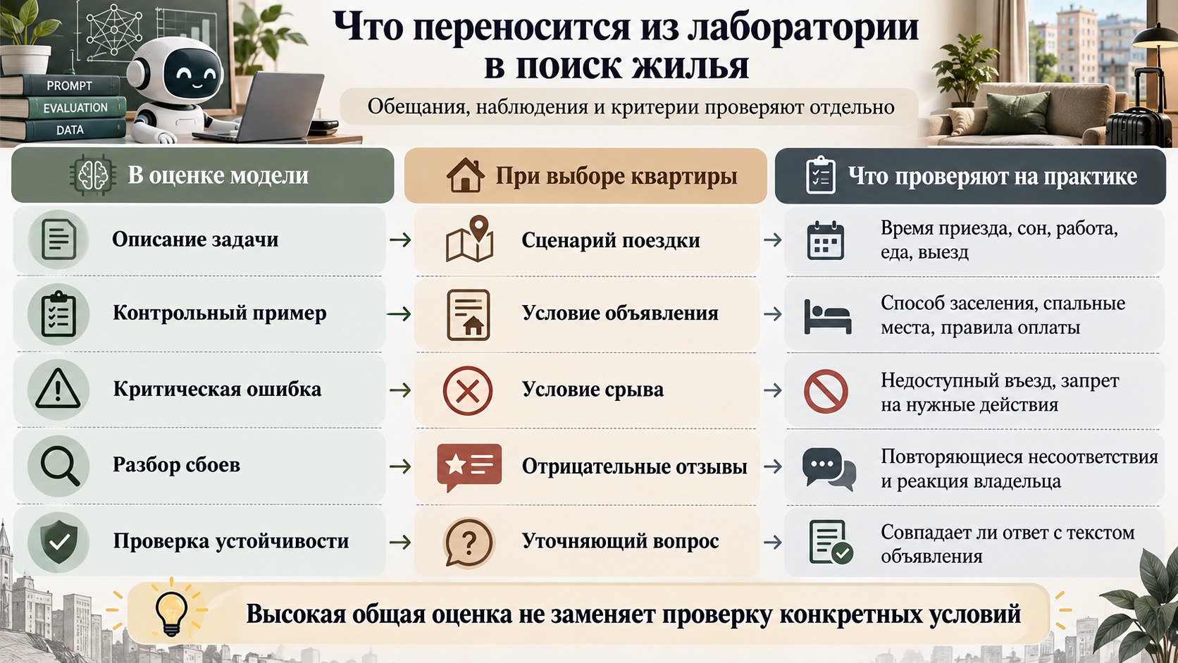 Сравнение методов оценки языковых моделей и проверки квартиры перед арендой.