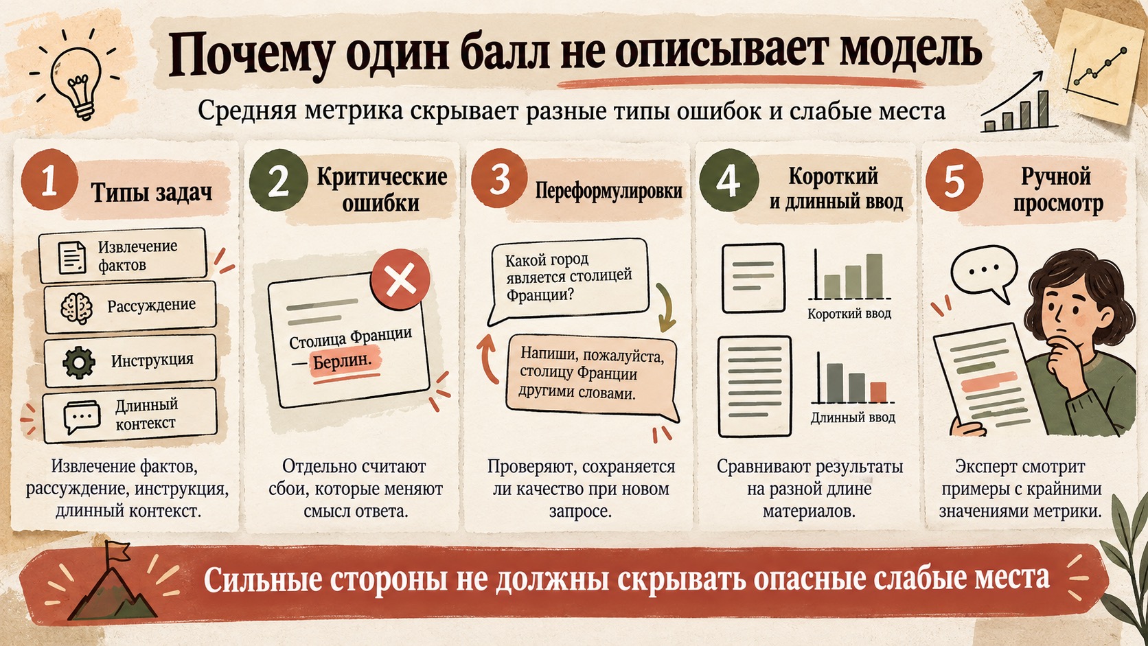 Пять критериев оценки языковой модели: типы задач, ошибки, устойчивость, длина контекста и ручная проверка.